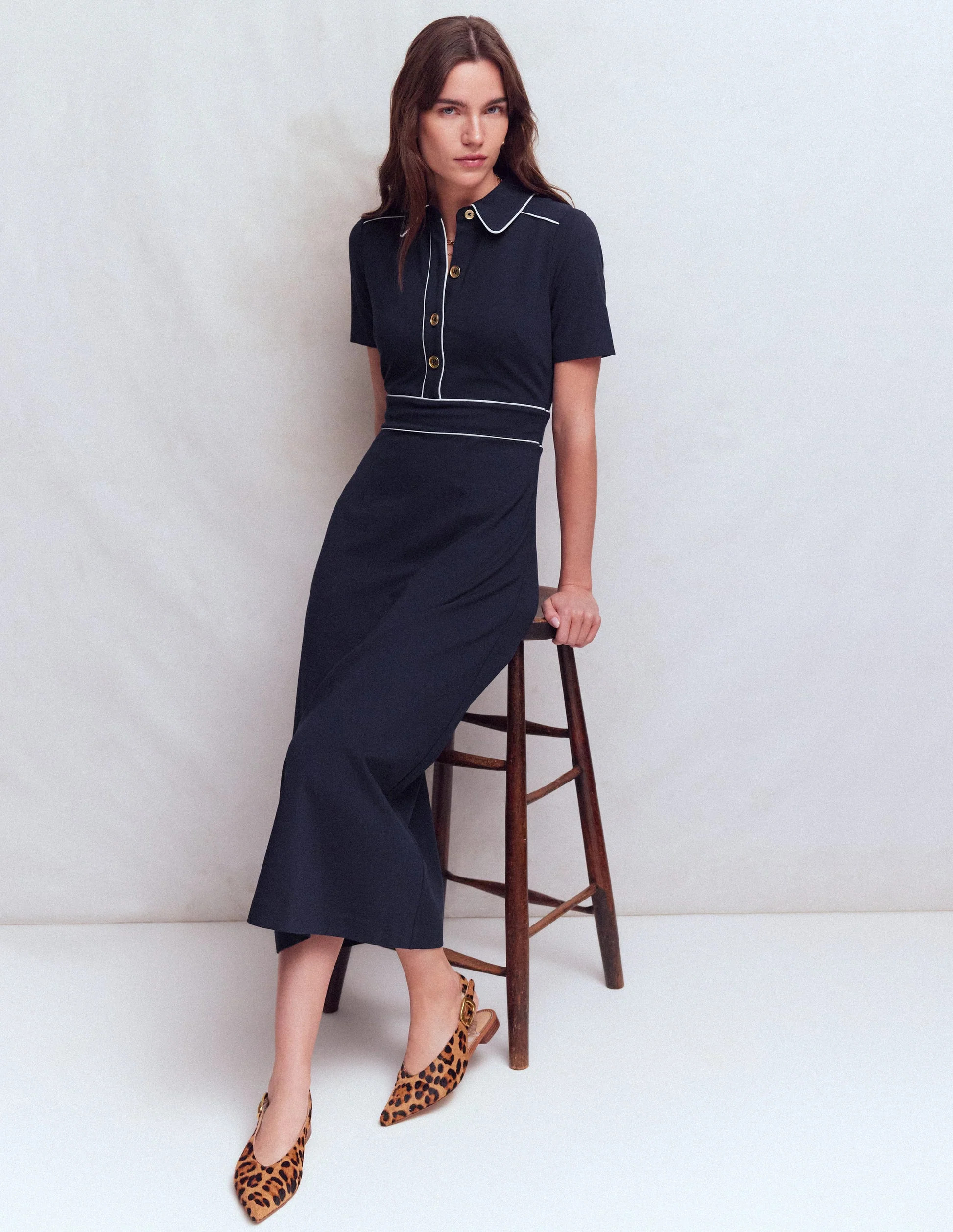 Etta Piping Trim Ponte Dress-Navy | Boden (US)