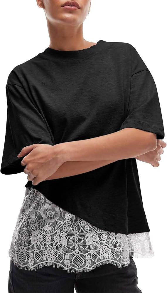 Women's Lace Patchwork Top Summer Daily Relaxed Fit Drop Shoulder Short Sleeve Blouse Casual Week... | Amazon (US)