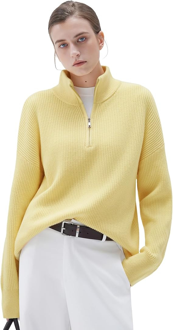 SUUKSESS Women Cashmere Blend Oversized Quarter Zip Pullover Sweater Long Sleeve Collared Ribbed ... | Amazon (US)