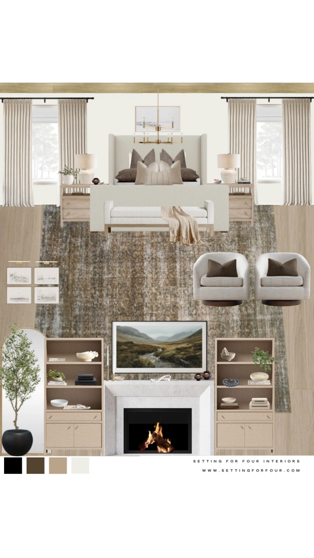 Neutral Primary Bedroom Mood Board Design and Decor Ideas. Designer picks,
Earthy, organic modern, transitional, contemporary, minimalist, upholstered bed fits adjustable base mattress, bookshelves, swivel chairs, brass, black, beige, brown, white, chandelier, light, nightstands, wood, marble, wall art, table lamps, TV art, olive tree, curtains, curtain rod, arched mirror, upholstered bench, Wayfair home, Pottery Barn style, Crate & Barrel aesthetic, Amazon must haves, #LTKUnder50

#LTKFamily #LTKSaleAlert #LTKHome #LTKStyleTip