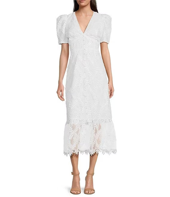 Embroidered Lace V Neckline Short Sleeve Midi Dress | Dillard's