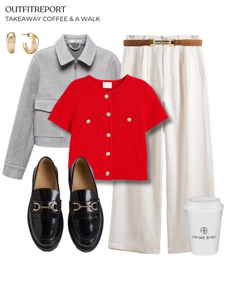 White trousers grey cropped jacket loafers red cardigan summer spring outfit 

#LTKstyletip #LTKshoecrush #LTKeurope