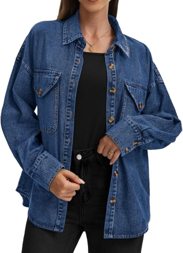 Women's Oversized Denim Shirt Long Sleeve Boyfriend Jean Jacket Button Down Blouse Top | Amazon (US)