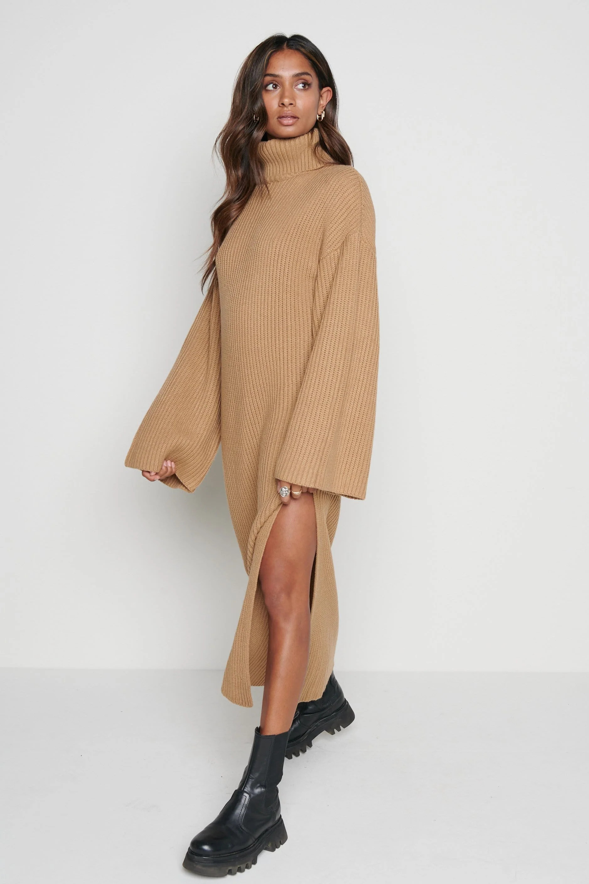 Hattie Ribbed Jumper Dress - Camel | Pretty Lavish (UK)