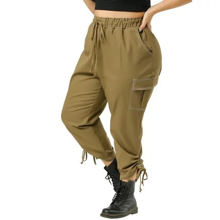 Agnes Orinda Women s Plus Size Pant Drawstring Elastic Waist Cargo Pants with Pockets 2X Khaki | Walmart (US)