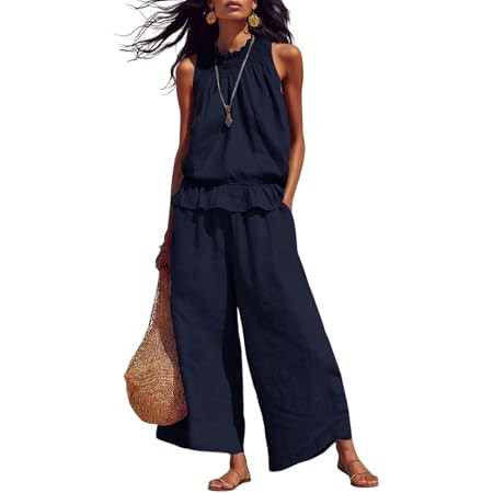 Tanming Women's Linen 2 Piece Outfits Sleeveless Ruffle Top Wide Leg Pants Summer Loungewear Beac... | Amazon (US)