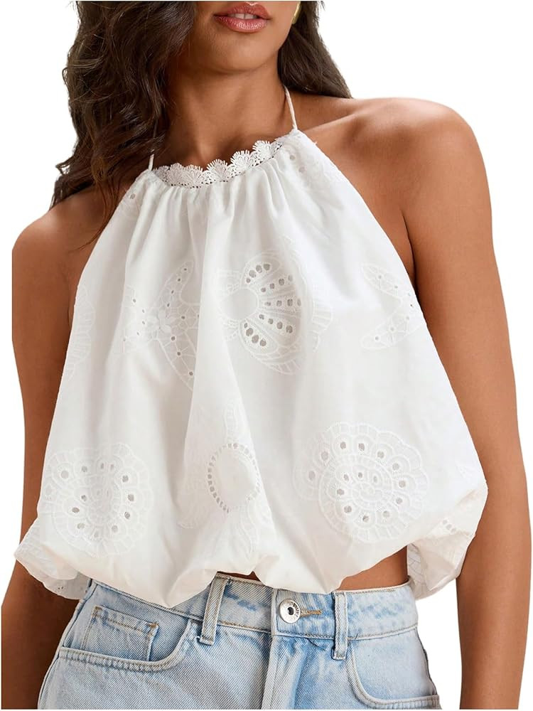 WDIRARA Women's Eyelet Embroidery Bubble Halter Tops Tie Backless Sleeveless Crop Tops | Amazon (US)