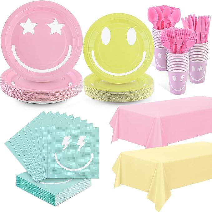 durony 254 Pieces Preppy Smile Face Party Decorations Pastel Smiley Paper Plates Napkins Cups For... | Amazon (US)