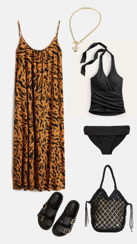 Leopard print beach dress
Bikini 
Slides 

#LTKSeasonal #LTKunder50 #LTKstyletip