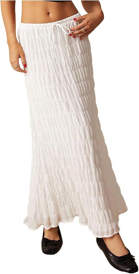 Verdusa Women's Maxi Skirt Shirred Ruffle Textured Pencil Skirt Boho Maxi Long Skirts Going Out | Amazon (US)