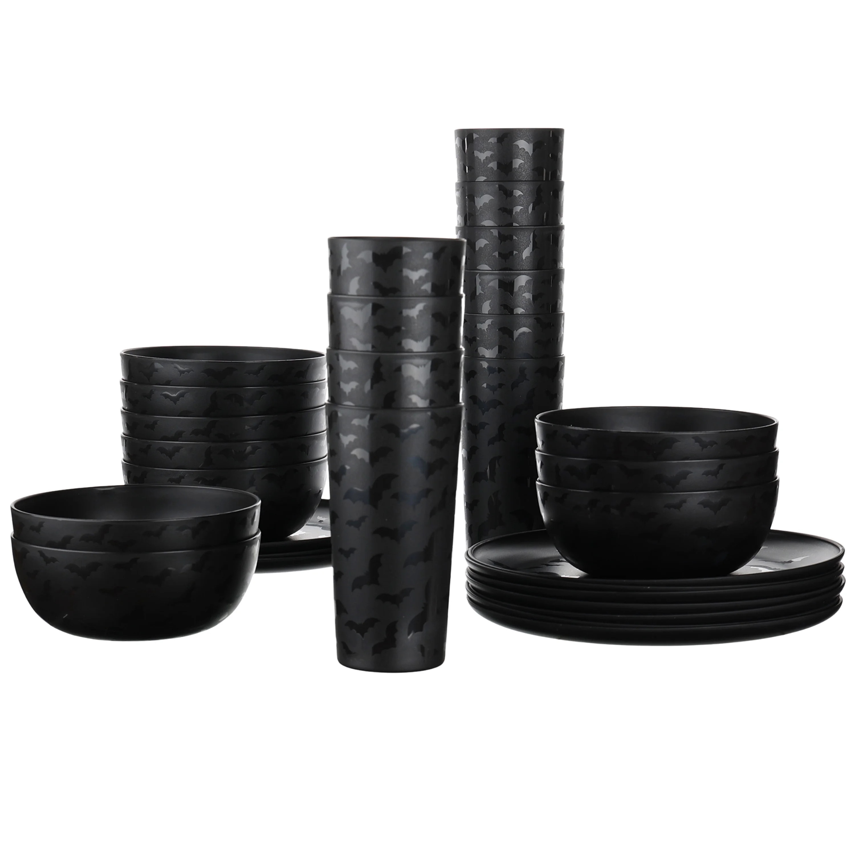 Mainstays 30-Piece Plastic Etched Dancing Bats Dinnerware Set, Black | Walmart (US)