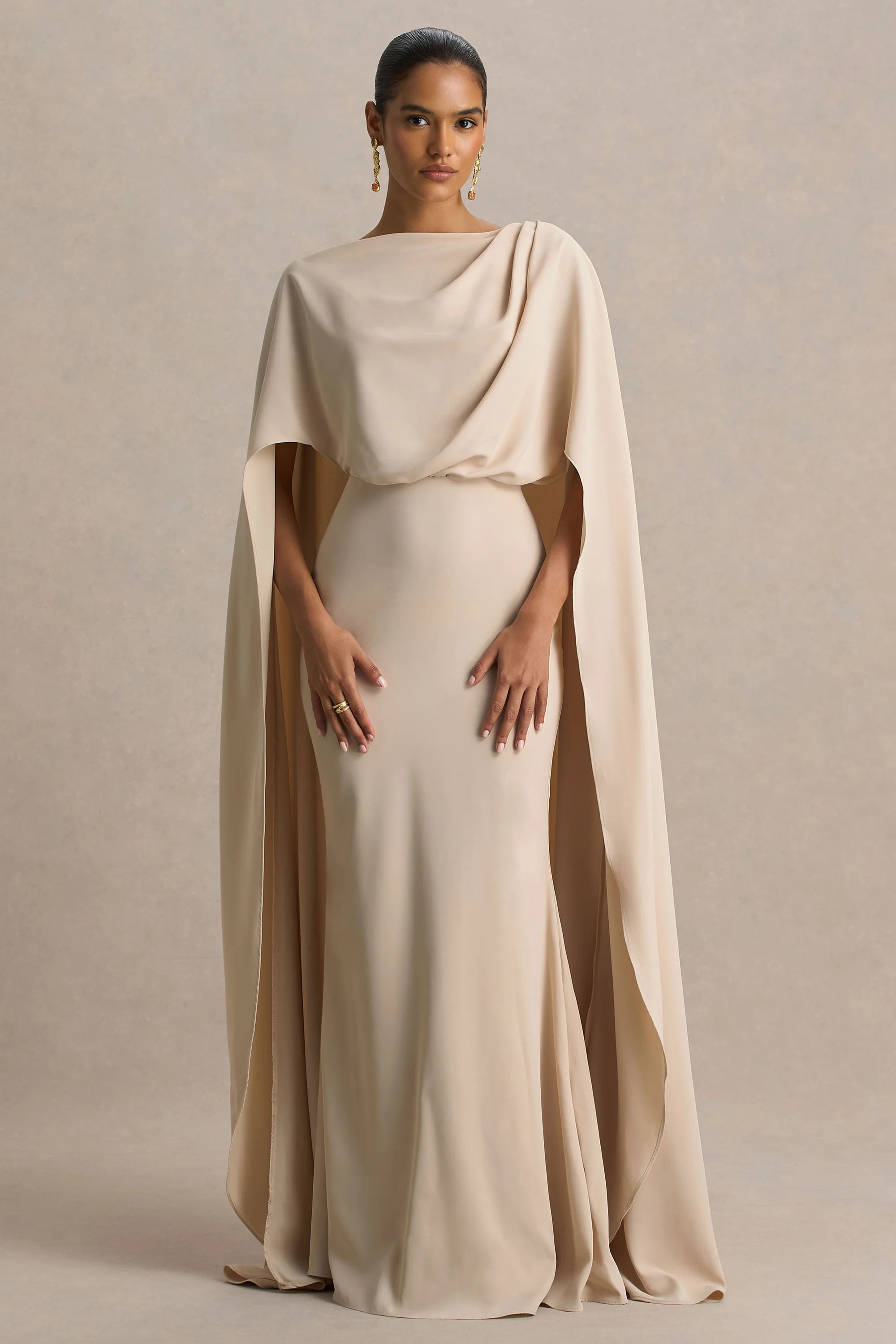Pristina | Sand Boat-Neck Woven Maxi Dress With Cape Detail | Club L London