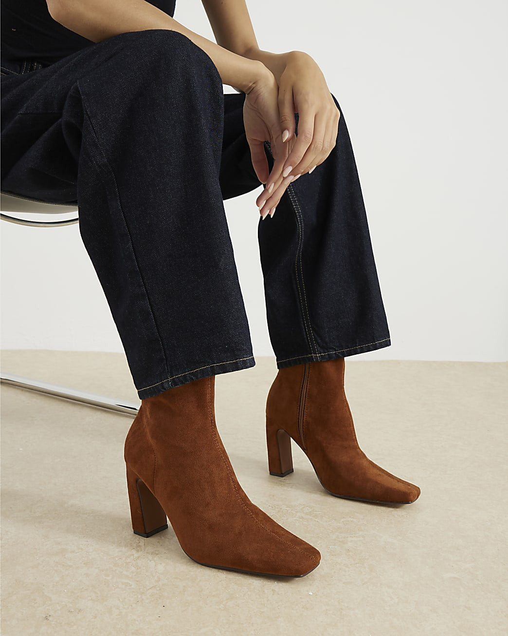 Brown Faux Suedette Square Heel Boots | River Island UK & IE