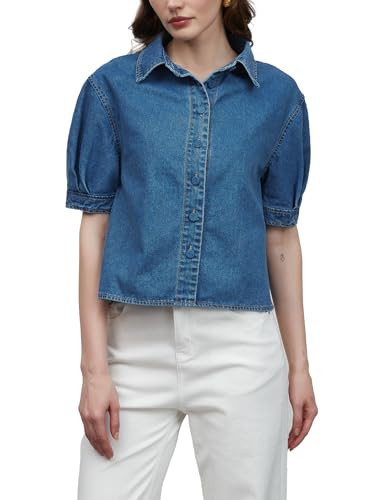 EZAPINE Denim Shirt Women Puff Sleeve Cropped Button Down Jean Tops Summer Business Casual Tops Dark Blue | Amazon (US)