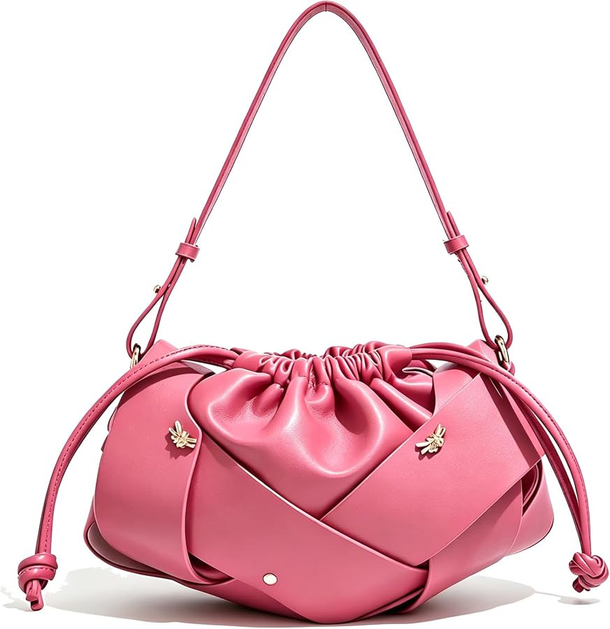 Gold Drawstring Bag for Women Evening Bucket Purse Woven Pu Leather Hobo Handbag Cloud Clutch Pur... | Amazon (US)