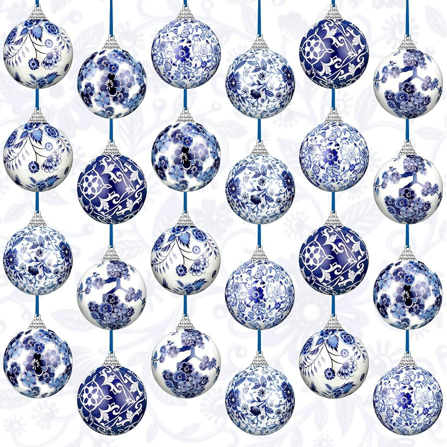 Poen Christmas Chinoiserie Porcelain Ornaments 2.36 Inch Porcelain Style Balls Plastic Blue White... | Amazon (US)
