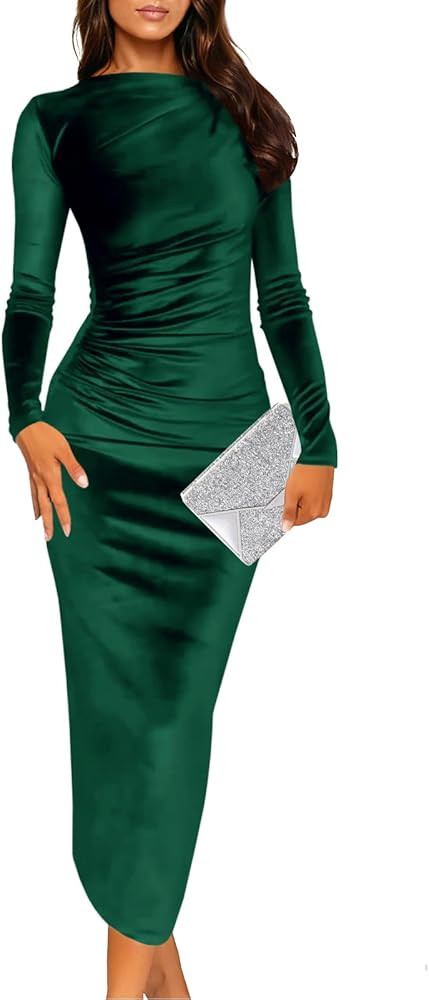Wenrine Women's Velvet Bodycon Midi Dress Long Sleeve Ruched Elegant Cocktail Party Dresses | Amazon (US)