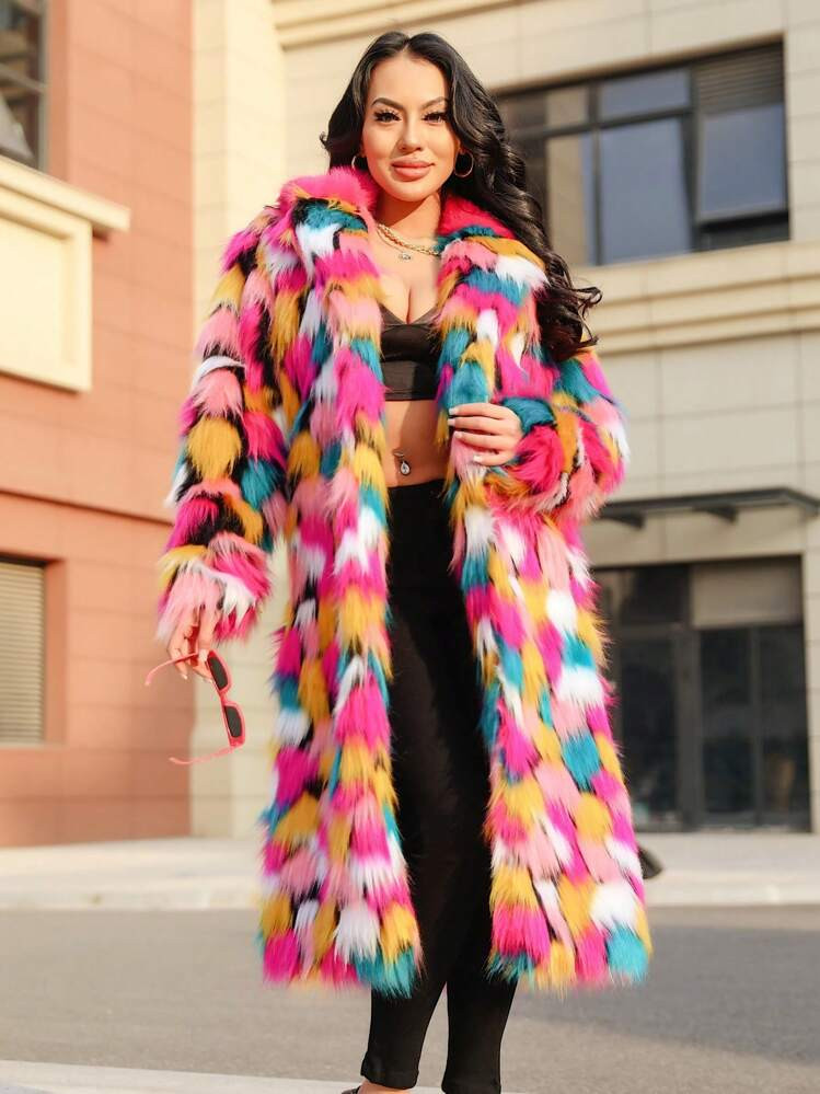 FHILLINUO This Women's Faux Fur Mid-Length Coat Features A Fun And Colorful Design, With A Loose Fit, A Collar, Long Sleeves, And Pockets, Suitable For Wearing On Occasions Like Christmas, New Year, And Thanksgiving. Winter | SHEIN