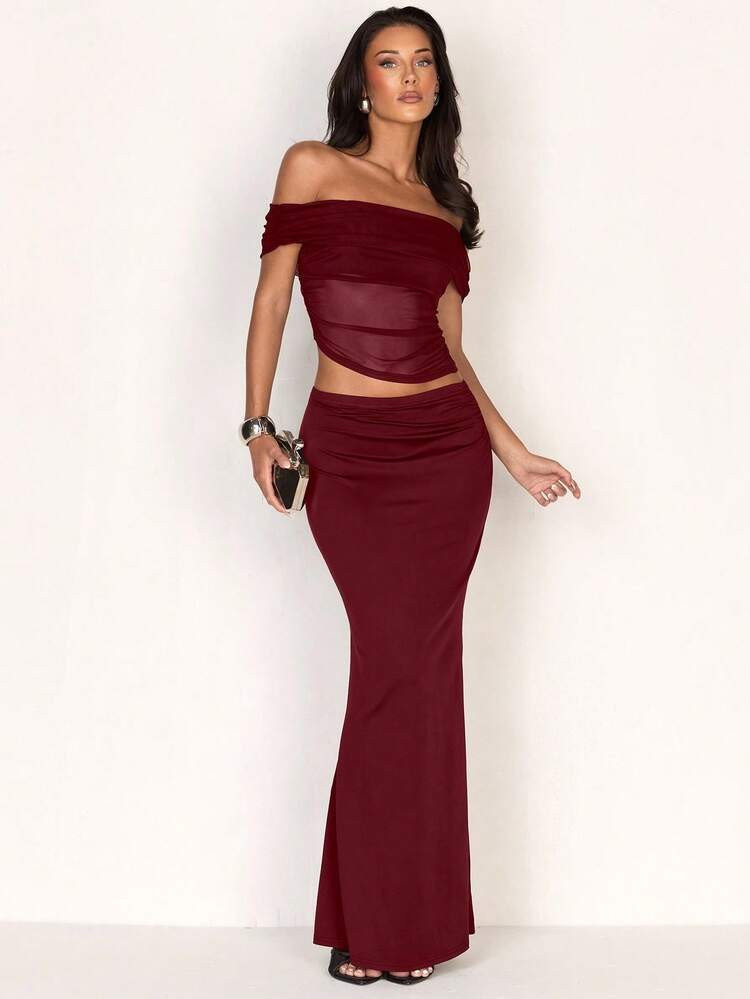 Glamine Women's Burgundy Summer Elegant Seksi Chic Party Night Off-Shoulder Sheer Mesh Blouse And... | SHEIN
