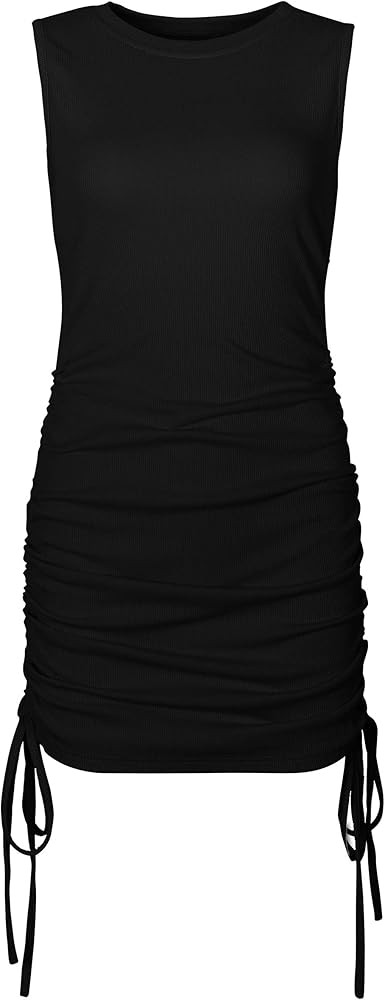 PALINDA Women's High Neck Ribbed Fitted Short Dresses Ruched Tank Sleeveless Bodycon Mini Dress Nigh | Amazon (US)