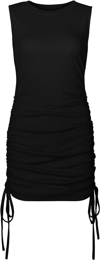 PALINDA Women's High Neck Ribbed Fitted Short Dresses Ruched Tank Sleeveless Bodycon Mini Dress Nigh | Amazon (US)