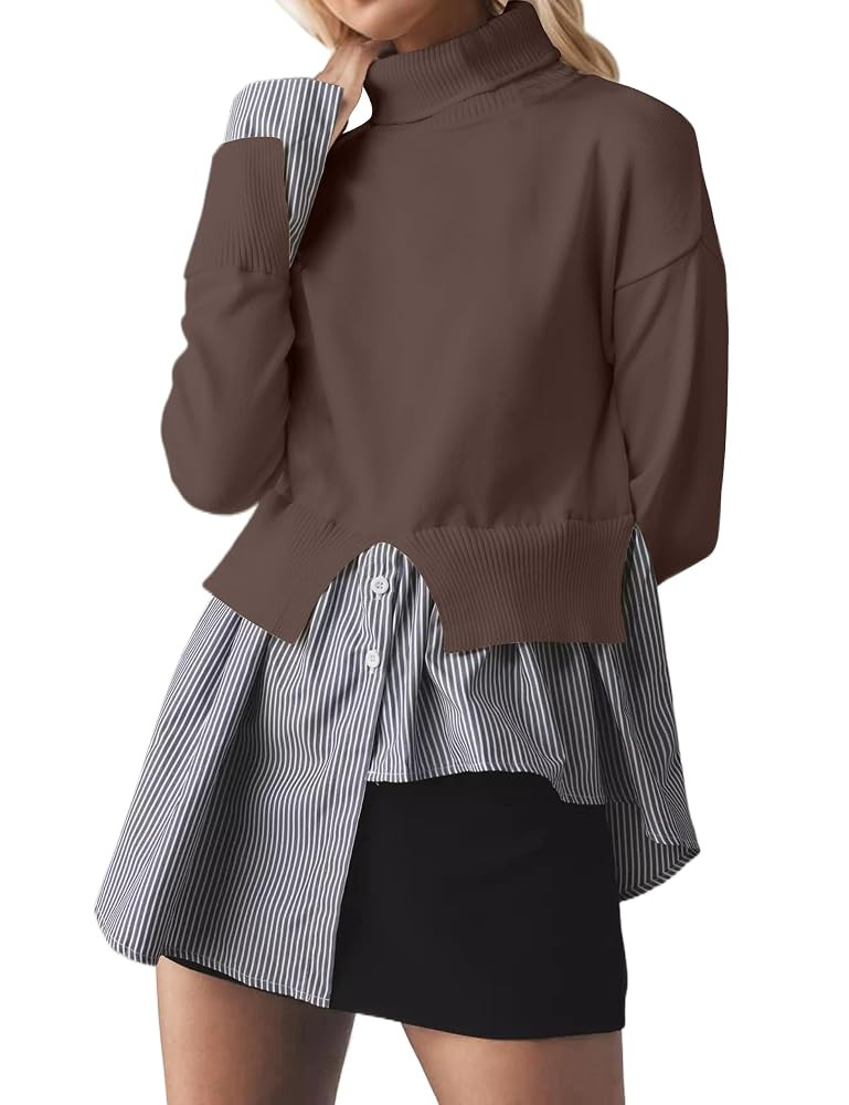 MISSACTIVER Women Slit Turtleneck Patchwork Sweater 2 in 1 Buttons Down Pullover Knit Sweater Asy... | Amazon (US)