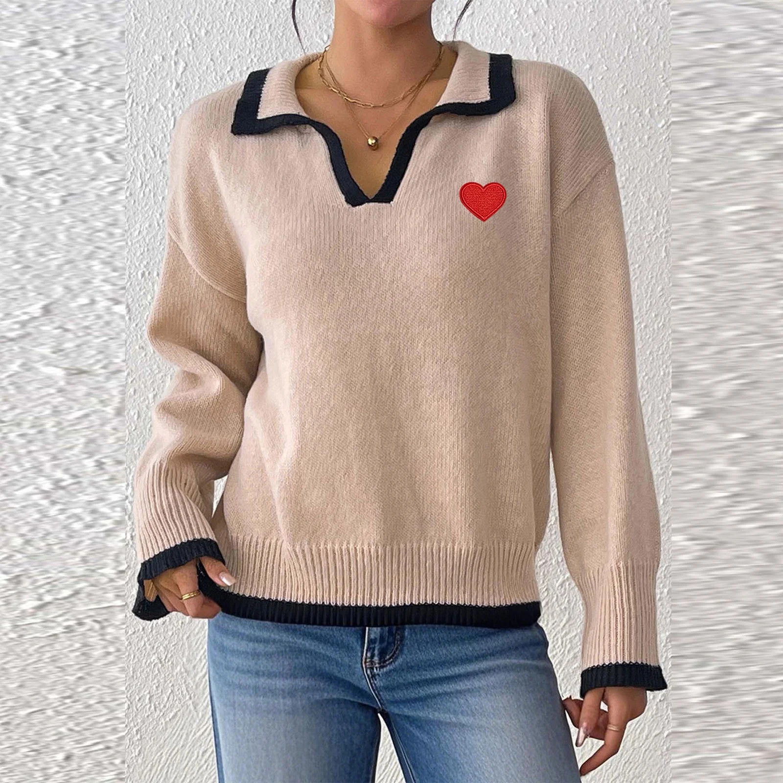 Ayolanni Womens V Neck Sweaters Valentine's Cute Yellow Collared Heart Casual Colorblock Sweaters... | Walmart (US)