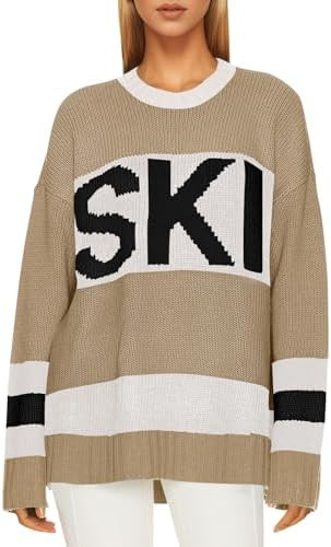 Saodimallsu Womens Color Block Oversized Sweater Ski Print Fall Trendy Crew Neck Long Sleeve Pull... | Amazon (US)