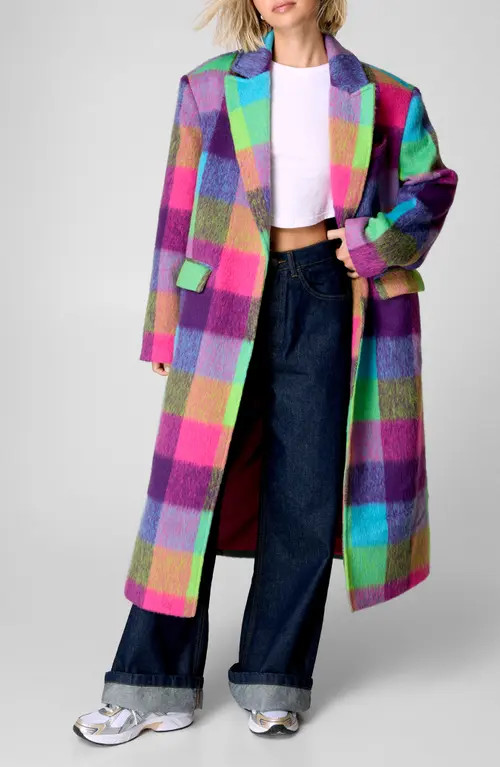 NASTY GAL Check Longline Coat in Pink Multi at Nordstrom, Size 6 | Nordstrom