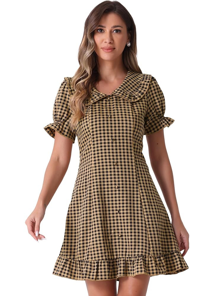 Allegra K Women's Gingham Checks Ruffled Peter Pan Collar Cute Mini Dress | Amazon (US)