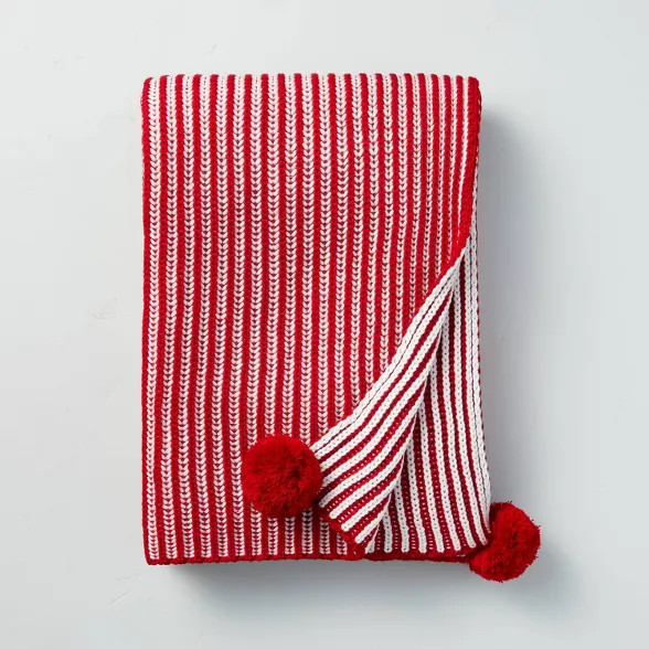 Blended Stripe Chunky Knit Poms Throw Blanket - Hearth & Hand™ with Magnolia | Target