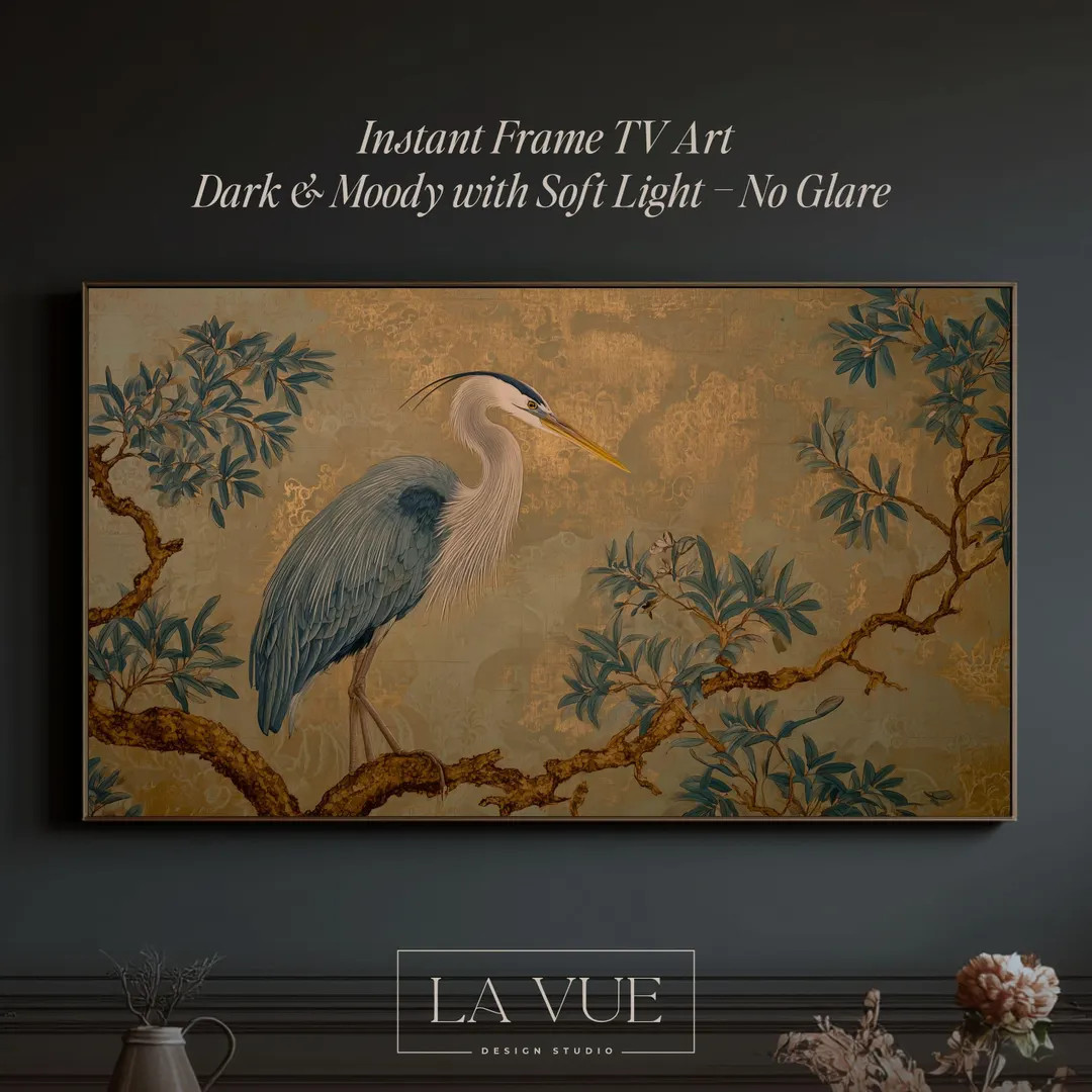 Blue Heron Frame TV Art Dark & Moody Beige Gold Painting, Japanese Bird Artwork, Luxury Realistic... | Etsy (US)