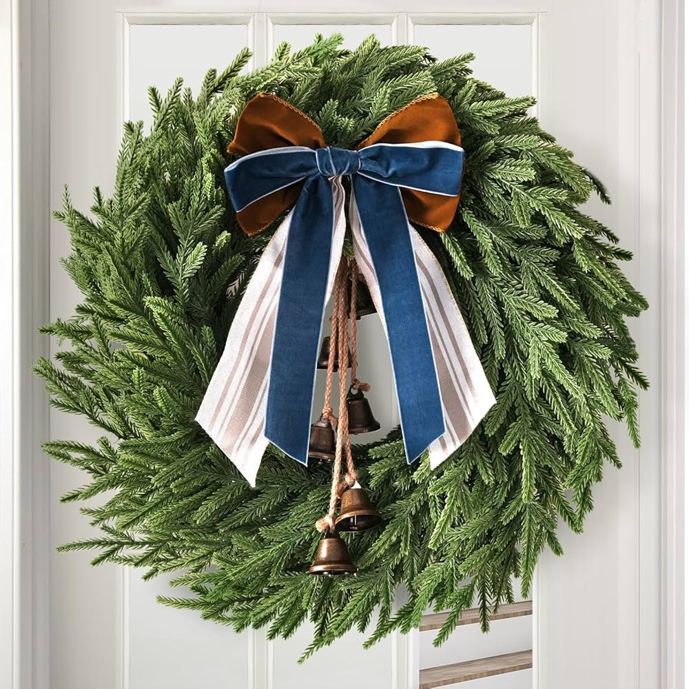 Christmas Decorations - 22 Inch Norfolk Pine Christmas Wreath with Bells and Ribbon - Artificial ... | Amazon (US)