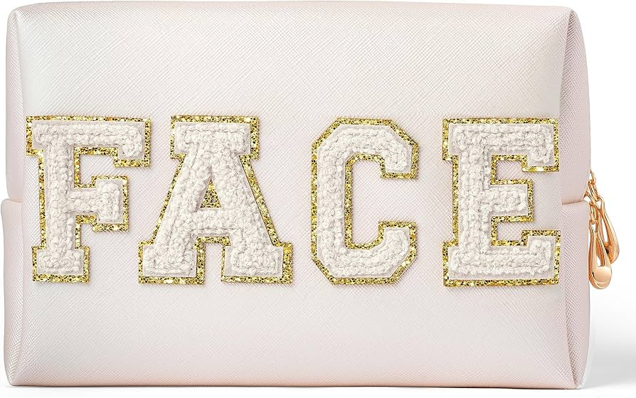 Y1tvei Preppy Patch FACE White Chenille Letter Cosmetic Bag PU Leather Portable Makeup Toiletry B... | Amazon (US)