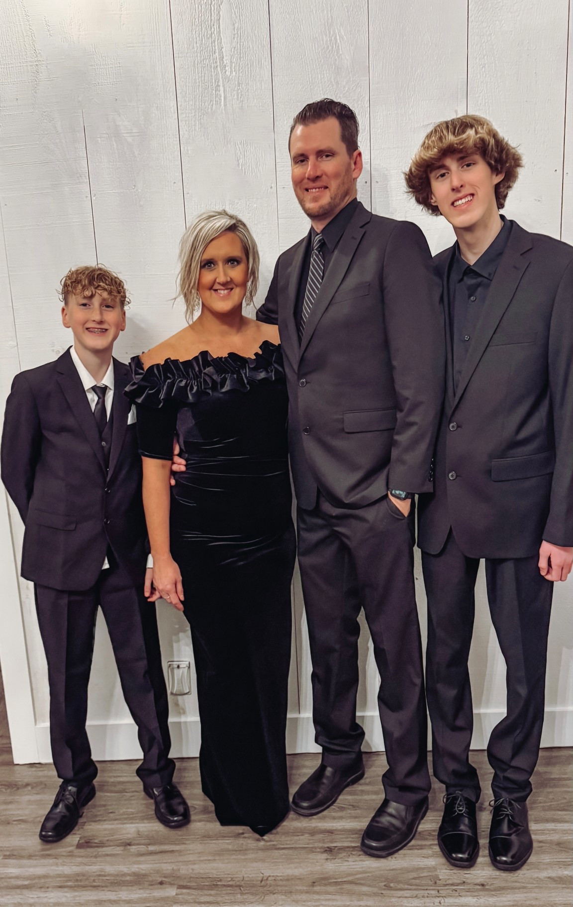 I love an all black formal wedding. Suits for the guys and velvet off the shoulder dress for me. All tall friendly. Mom is 5’7, Dad is 6’7, oldest is 6’3 & youngest is 5’3. 

#LTKOver40 #LTKHoliday #LTKTall