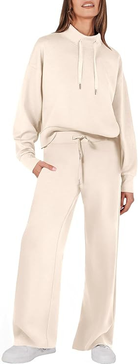 ANRABESS Womens 2 Piece Outfits Sweatsuit Set 2023 Fall Drawstring Sweatshirt Wide Leg Sweatpant ... | Amazon (US)