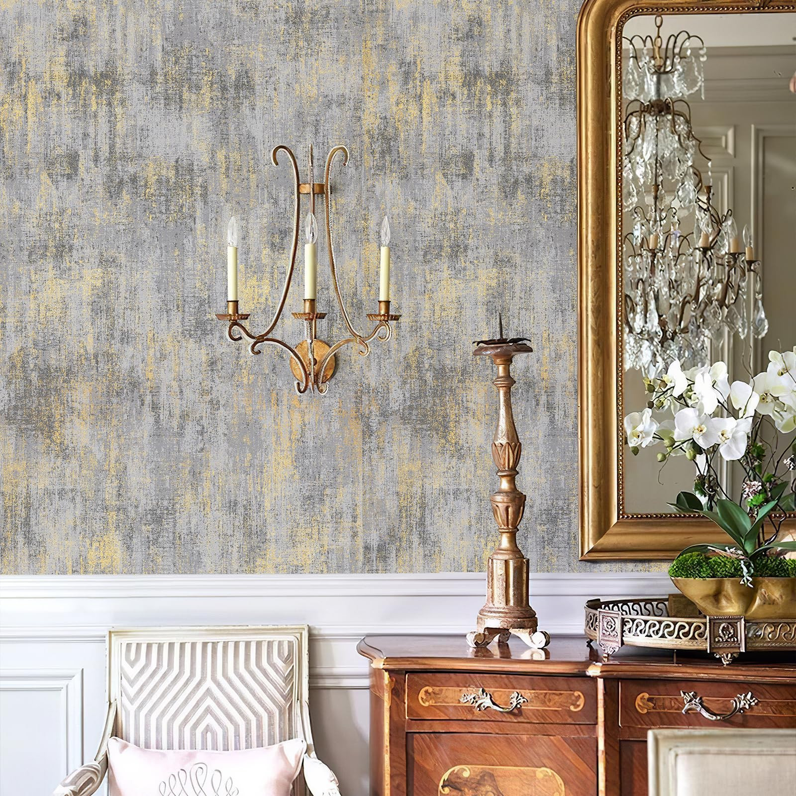 Zeeko Distressed Metallic Wallpaper Textured Wallpaper Non-Pasted 17.3"x 473" White Gold Wallpape... | Amazon (US)