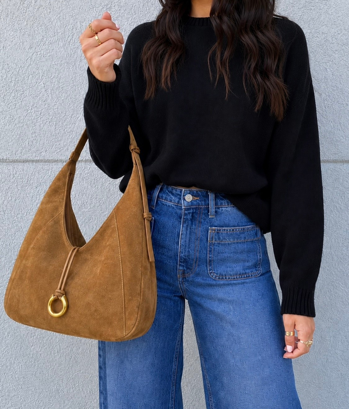 Walmart sweater $20. Went up a size for the oversized look. Jeans from Walmart $30 wearing size 4