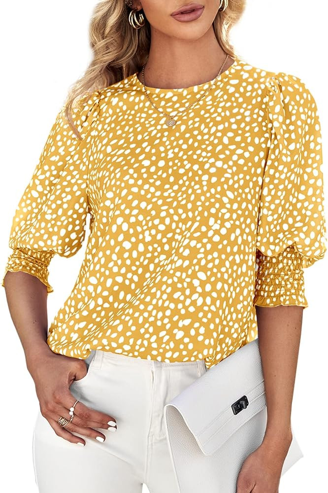 Teurkia Women's Polka Dot 3/4 Sleeve Blouse Tops Ladies Casual Office Work Crew Neck T-Shirt | Amazon (US)