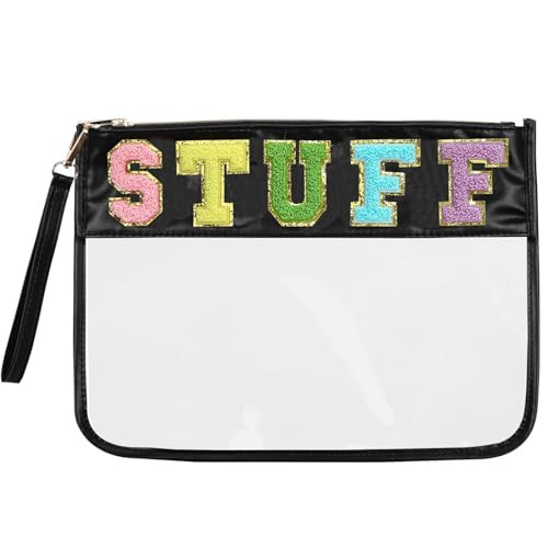 SiwaraTravel Bag Preppy Stuff Bag Snacks Bags Chenille Letter Clear Zipper Pouch for Travel Stuff Pouch Aesthetic Storage Organizer Pouches for Women (Black-Stuff) | Amazon (US)