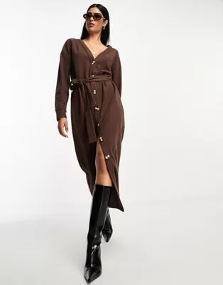 ASOS DESIGN super soft button up maxi cardigan belted dress in chocolate | ASOS (Global)