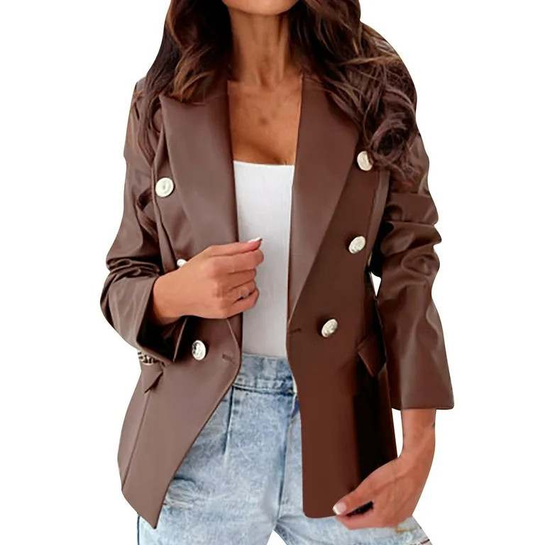 XFLWAM Womens Oversized Leather Jacket Long Sleeve Faux Leather Blazer Lapel Boyfriend PU Button ... | Walmart (US)