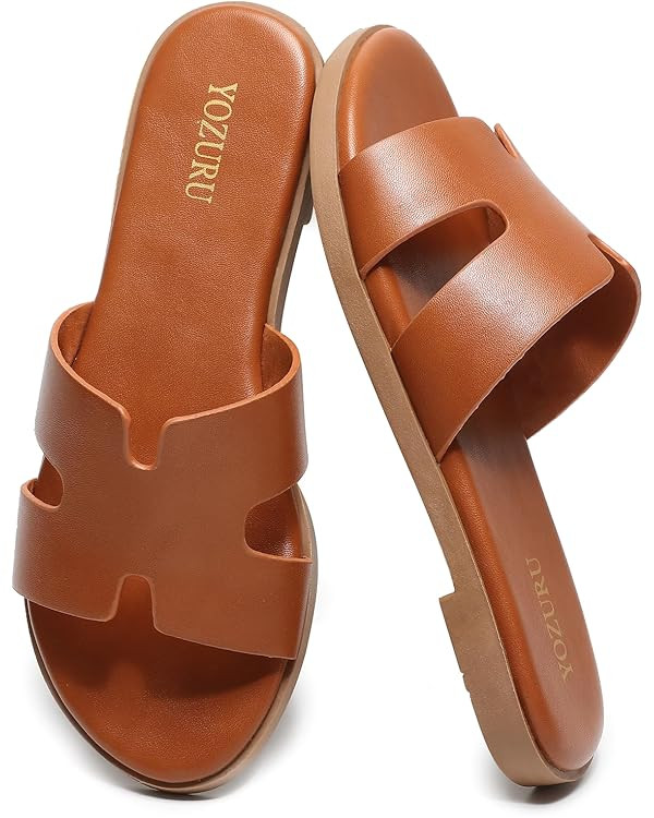 Yozuru Womens Flat Sandals Open Toe Dressy Summer Sandals Comfortable Casual Slip on Leather Slid... | Amazon (US)