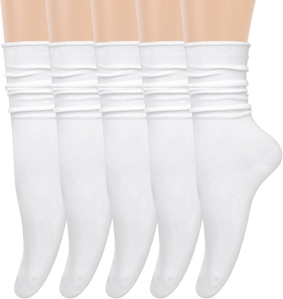 5 Pairs Slouchy Socks for Women, Crew Cotton Socks with Cute Roll Top Casual Calf Long Sock | Amazon (US)
