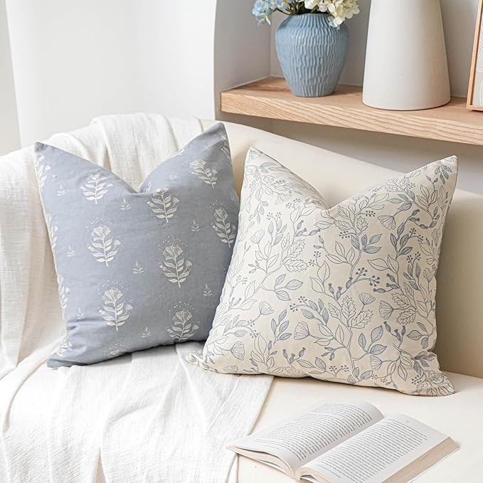 Floral Decorative Throw Pillow Cover 18x18 Set of 2, Farmhouse Coastal Blue Cotton Accent Throw P... | Amazon (US)