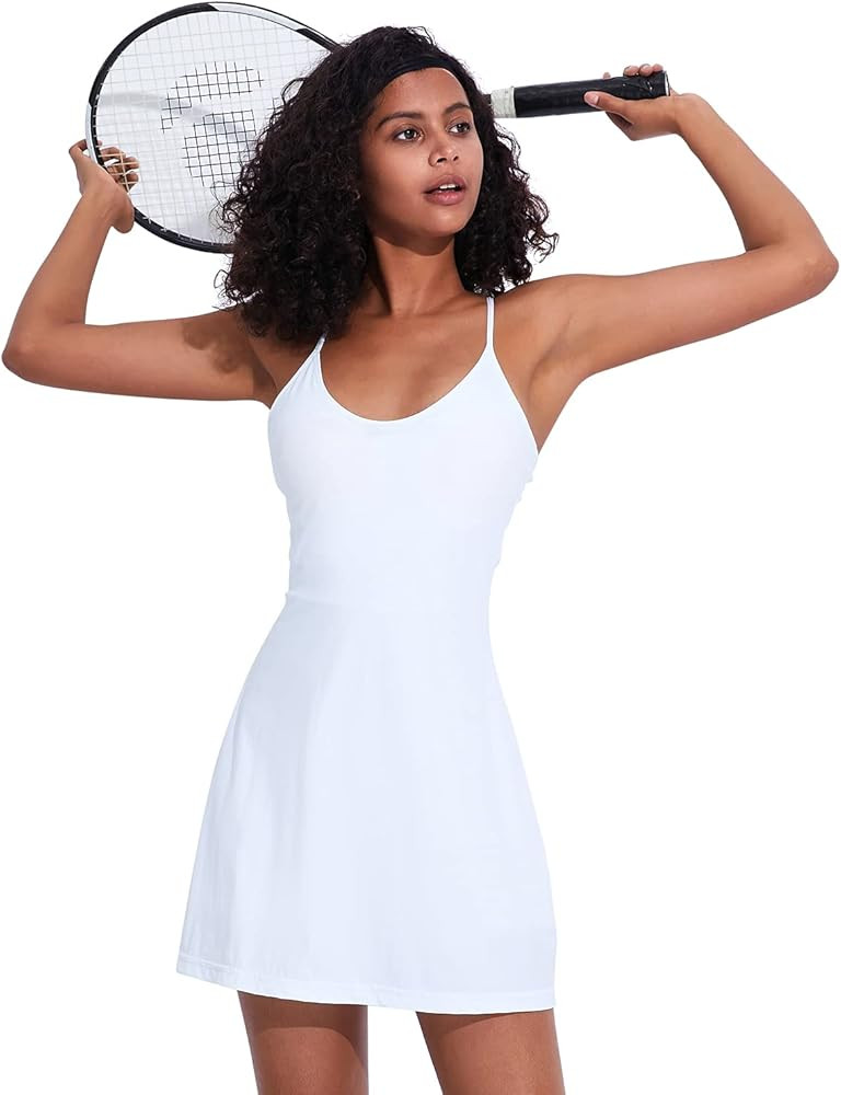 Finlin Women Workout Dress Sleeveless Cross Back with Shorts Bra & Pocket Casual Sportwear for Te... | Amazon (US)