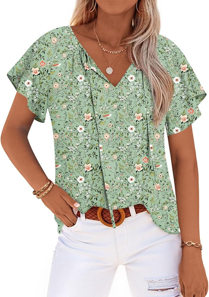 Anydoll Womens 2025 Summer Tunic Tops Casual Short Sleeve Blouses V Neck Dressy Chiffon Boho Tshi... | Amazon (US)