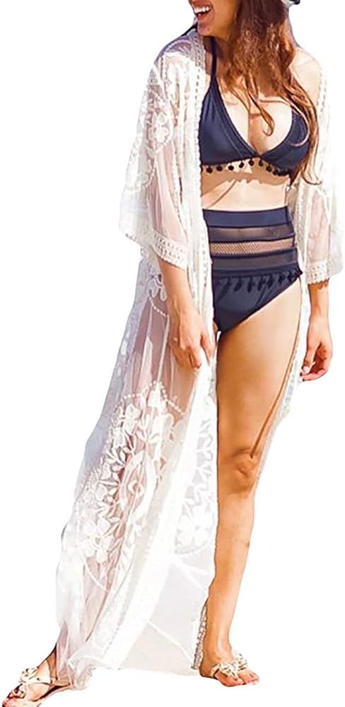 Womens Flowy Button Down Beach Blouse Bikini Cover ups Long Embroidered Lace Kimonos Cardigan wit... | Amazon (US)