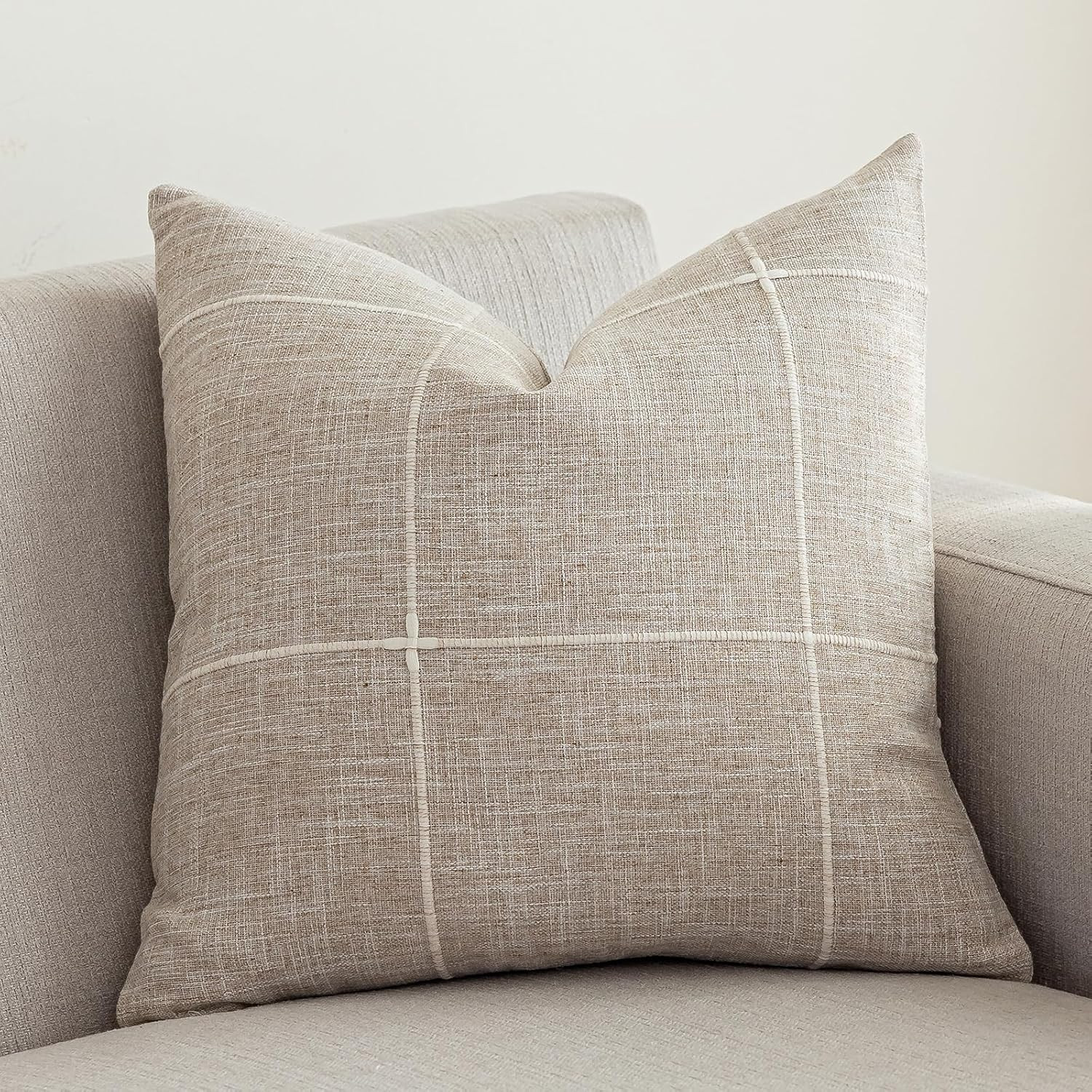 vctops Rustic Lattice Cotton Linen Decorative Throw Pillow Cover Embroidery Square Cushion Cover Pillowcase for Sofa Bedroom Couch (Plaid Coffee, 20"x20") | Amazon (US)