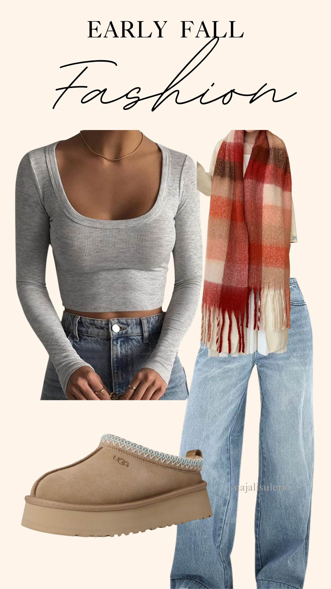 Early Fall Fashion Idea 🍁

Grey ribbed crop top + light-wash wide-leg jeans, styled with a cozy plaid scarf in warm red & beige tones, and tan UGG platform slippers.

Perfect for coffee dates, weekend errands, or a casual day on campus. 

 #LTKFallSale #LTKSeasonal #LTKStyleTip